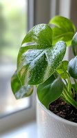 Fresh water droplets on glossy green monstera leaves in white pot by window, natural morning light creates soft bokeh effect, close-up view shows plant texture.