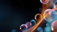 Ethereal soap bubbles floating in dark space with glowing orange light streaks and teal bokeh effects creating magical atmospheric composition.