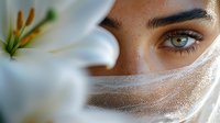 Young Middle Eastern woman wearing traditional white hijab with intense green eyes, photographed behind white lily flower, creating mysterious and artistic portrait.