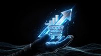 Business hand holding glowing shopping cart with upward arrow showing e-commerce growth and digital marketing success on dark background.