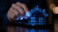 Digital hologram house glowing with blue light appears above tablet screen while person interacts with smart home technology in dark room with bokeh effect.