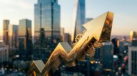 Golden arrow pointing upward against modern city skyline at sunset, symbolizing business growth, financial success, and economic progress in urban environment.