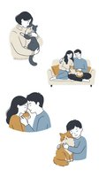Pet owners bonding with cats in cozy domestic scenes showing love, care and companionship between humans and feline friends on white background.