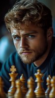 Young Caucasian male with blue eyes and blonde curly hair playing chess, focused intense gaze, wearing dark hoodie. Wooden chess pieces in foreground create dramatic composition.