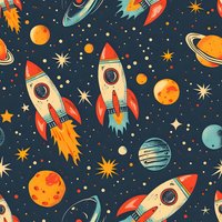 Retro space seamless pattern with rockets, planets, and stars on dark background. Repeating cosmic design for fabric, wallpaper, and children decor.