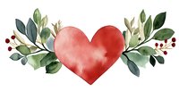 Watercolor red heart with green foliage and red berries, romantic botanical composition for Valentine's cards, wedding invitations, and love-themed designs.