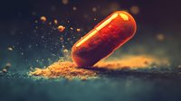 Orange medical capsule breaking apart with powder explosion against dark background, dramatic lighting creates mysterious pharmaceutical atmosphere. Macro photography captures dynamic motion.