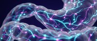 Glowing neon energy waves with cyan and magenta light trails flowing across dark background, suitable for tech and digital design projects.