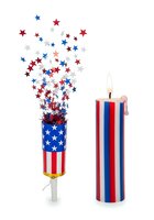 Patriotic firecracker with red, white and blue stars bursting from cylinder container and matching striped candle isolated on white background, suitable for Independence Day, Fourth of July celebrations and holiday design projects.
