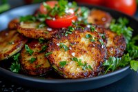 Crispy pan-seared potato medallions garnished with fresh parsley and cherry tomatoes on dark plate, close up view of golden brown homestyle cooking.