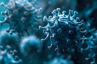 Microscopic view of coronavirus cell structure in blue tones showing detailed spike proteins and viral membrane, suitable for medical and scientific publications.