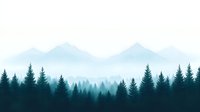 Misty mountain landscape with silhouettes of pine forest in layers creating depth effect, foggy peaks in background and atmospheric perspective in blue tones.