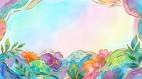 Watercolor floral frame with vibrant rainbow flowers and green foliage on soft pastel background, isolated design element for greeting cards, invitations, and creative projects.
