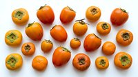 Fresh ripe persimmon fruits arranged in organized pattern on white background. Healthy organic autumn harvest produce for cooking and nutrition concepts.