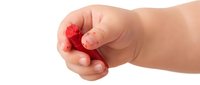 Child's hand holding fresh red raspberry, isolated on white background. Suitable for food, nutrition, healthy eating, and children's content.