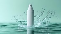 White cosmetic spray bottle splashing into turquoise water, creating dynamic water crown effect for skincare product advertising.