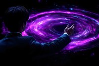 Young Asian businessman in dark suit reaching towards glowing purple spiral galaxy portal against black background, cosmic energy visualization.