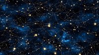 Glowing constellation network on dark blue cosmic background with shining stars and geometric line connections forming abstract space pattern.