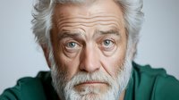 Close up portrait of senior Caucasian male with white hair and beard wearing green sweater against light background, expressing serious contemplative emotion.