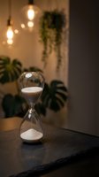 Glass hourglass with white sand on dark wooden surface in cozy modern interior with warm pendant lights and green plants creating atmospheric mood.