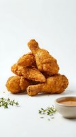 Crispy golden fried chicken pieces stacked on white background with fresh herbs and dipping sauce for food photography, restaurant menus, and culinary content.