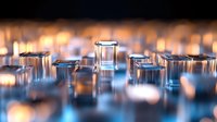 Glowing glass cubes on reflective blue surface with bokeh lights creating futuristic abstract background pattern for technology and innovation concepts.