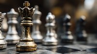 Golden queen chess piece on board with silver pieces in background, showcasing strategy, leadership, and competitive gameplay.