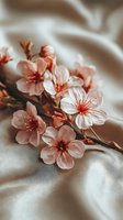 Delicate pink cherry blossom branch resting on soft beige silk fabric with gentle folds creating elegant spring floral arrangement for romantic decor.