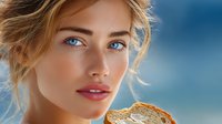 Young woman with bright blue eyes and natural makeup holding fresh croissant against blurred blue background, close up portrait with soft lighting.
