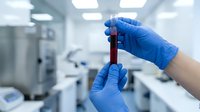 Medical professional in blue latex gloves holding blood sample test tube in modern laboratory for clinical analysis and diagnostic testing procedures.