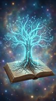 Glowing digital tree with circuit board branches growing from open book pages against cosmic starry background, representing knowledge, technology, learning, and innovation.