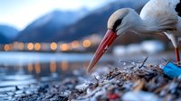 White stork searching for food among plastic waste and garbage on beach at dusk, environmental pollution concept highlighting impact on wildlife and nature.
