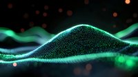 Glowing green and blue particle wave formation with bokeh effect on dark background creates dynamic flowing motion visualization for technology concepts.