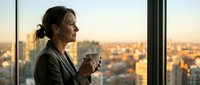 Professional businesswoman enjoying morning coffee by office window overlooking city skyline at sunrise, corporate lifestyle and work-life balance concept.
