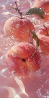 Fresh peaches with water drops and bubbles floating in pink dreamy atmosphere, macro photography style composition showing fruit texture and natural leaves.