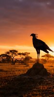 Eagle silhouette perched on rock at golden sunset over African savanna landscape with acacia trees and wildlife habitat for nature and travel themes.