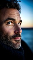 Close-up portrait of mature bearded man with intense gaze looking up at sunset, wearing dark sweater against blurred ocean background. Natural lighting creates dramatic mood.