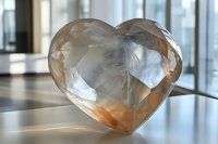Translucent rose quartz crystal heart on windowsill catches natural light, displaying internal fractures and golden hues. Spiritual healing stone for meditation and wellness.