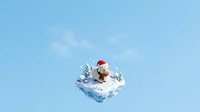 Teddy bear wearing Santa hat sitting on snowy floating island with evergreen trees against clear blue sky, holiday season celebration concept for festive designs.