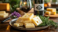 Swiss cheese slices on rustic ceramic plate with fresh herbs, red wine bottle and atmospheric lighting create gourmet dining experience.