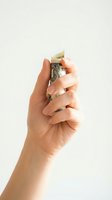 Close-up of a woman's hand holding a folded dollar bill against a white background, representing savings, financial planning, money management, and economic concepts for business and finance designs.