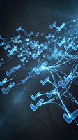 Blue glowing checkmarks flowing in dynamic waves across dark background representing digital approval, verification and success in business technology.
