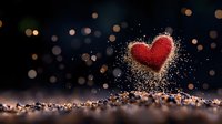 Red glitter heart shape floating with sparkle dust and bokeh lights on dark background, romantic Valentine's day concept for greeting cards and designs.