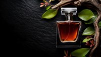 Luxury fragrance bottle with amber liquid on dark slate background, decorated with green leaves and wooden branch, elegant cosmetic product photography.
