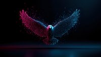Glowing eagle silhouette with spread wings in neon pink and blue colors against dark background, particles effect creating dynamic motion and ethereal atmosphere.