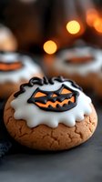 Halloween cookie with spooky jack-o-lantern face decoration on white icing, photographed with warm bokeh lights in background.