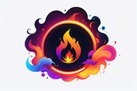 Vibrant flame icon surrounded by colorful abstract smoke swirls and gradient waves on dark background, modern logo design element for branding and digital media.