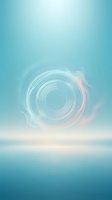 Glowing concentric circles with soft pink and white light trails floating above serene ocean horizon under blue sky, suitable for wellness, technology, and abstract backgrounds.
