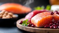 Fresh raw salmon fillet on wooden board with red kidney beans, herbs and nuts. Healthy omega-3 rich protein food composition on dark background.