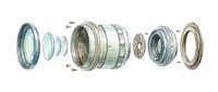 Camera lens components disassembled showing internal glass elements and metal rings isolated on white background for optical equipment design and educational use.